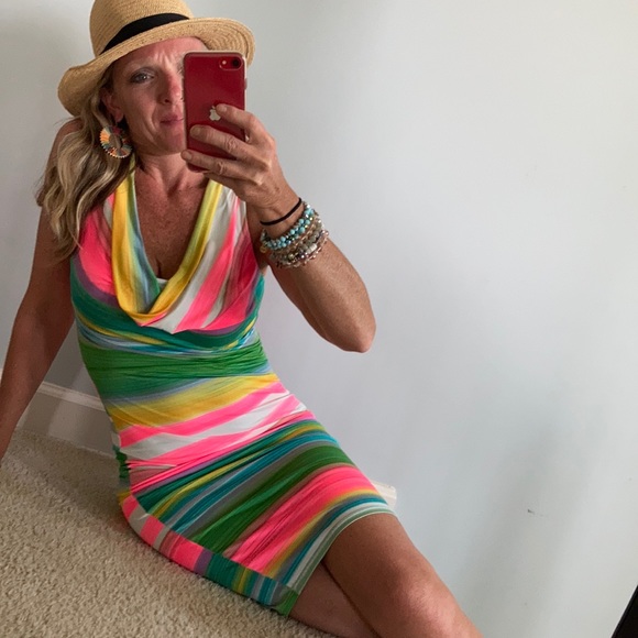 Striped, Draped Neck Fitted Dress - Picture 3 of 16